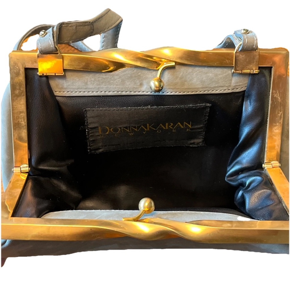 Donna Karan New York Purse Genuine Leather Made In Italy Light Gray/Green & Gold - Picture 7 of 13